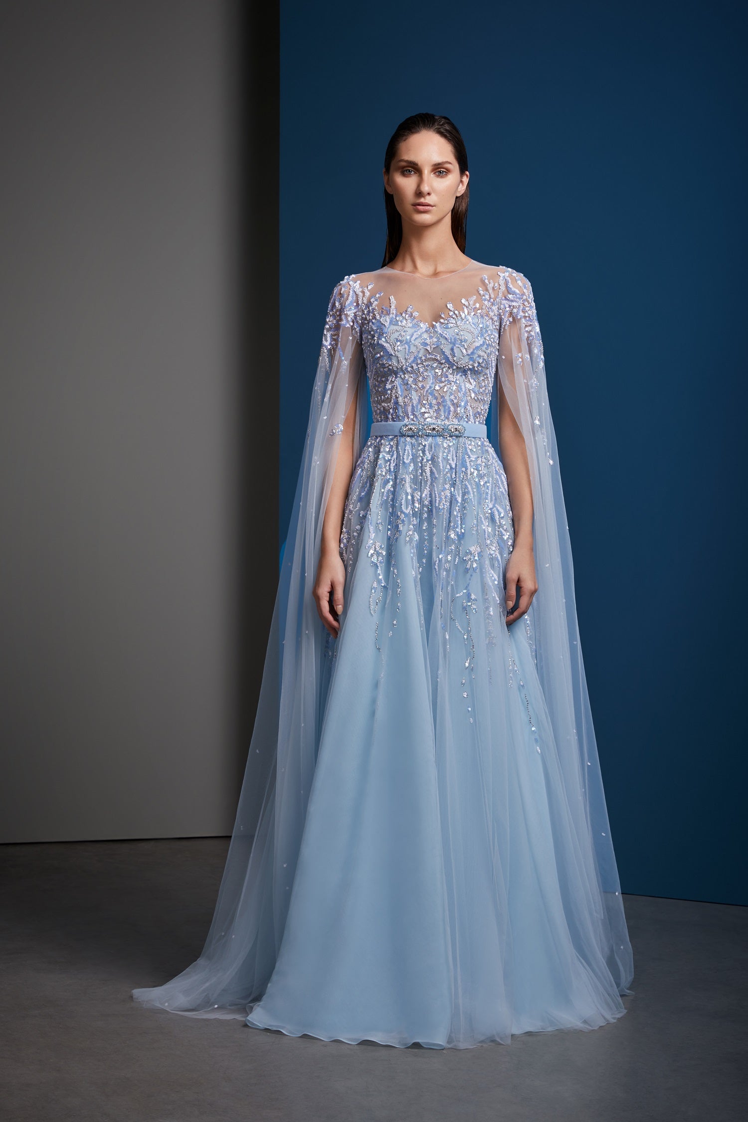 Serene Hill Blue Cape Sleeves Evening Dresses Gowns 2022 Luxury A-Lin –  SERENE HILL